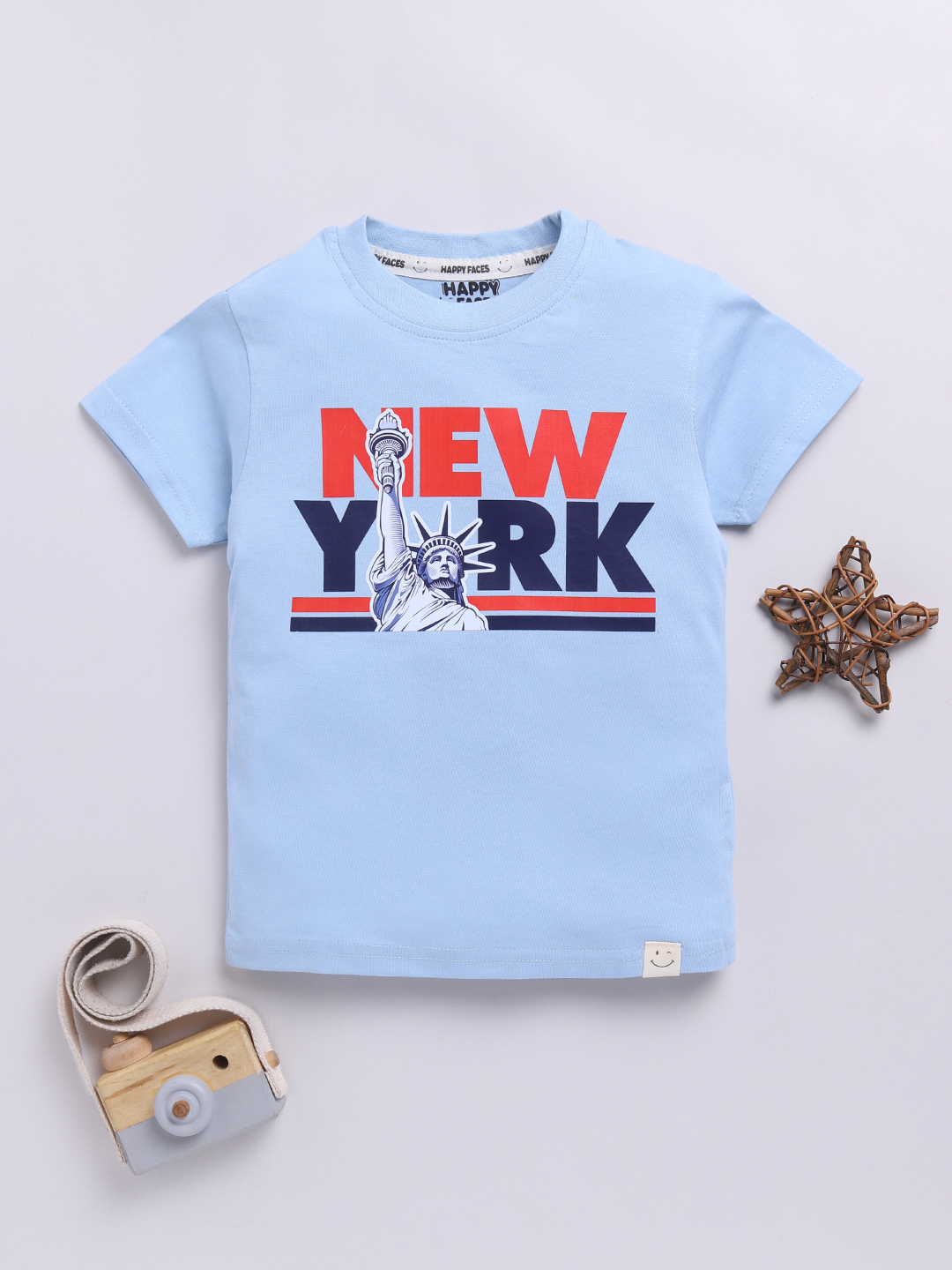Happy Faces Solid Graphic Printed  Pure Cotton T-Shirt For Boys(Blue, Pack Of 1)