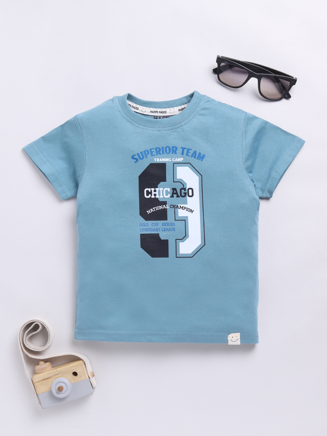 Happy Faces Solid Graphic Printed  Pure Cotton T-Shirt For Boys(Blue , Pack Of 1)