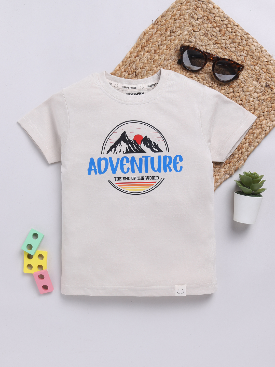 Happy Faces Solid Graphic Printed  Pure Cotton T-Shirt For Boys(Beige, Pack Of 1)