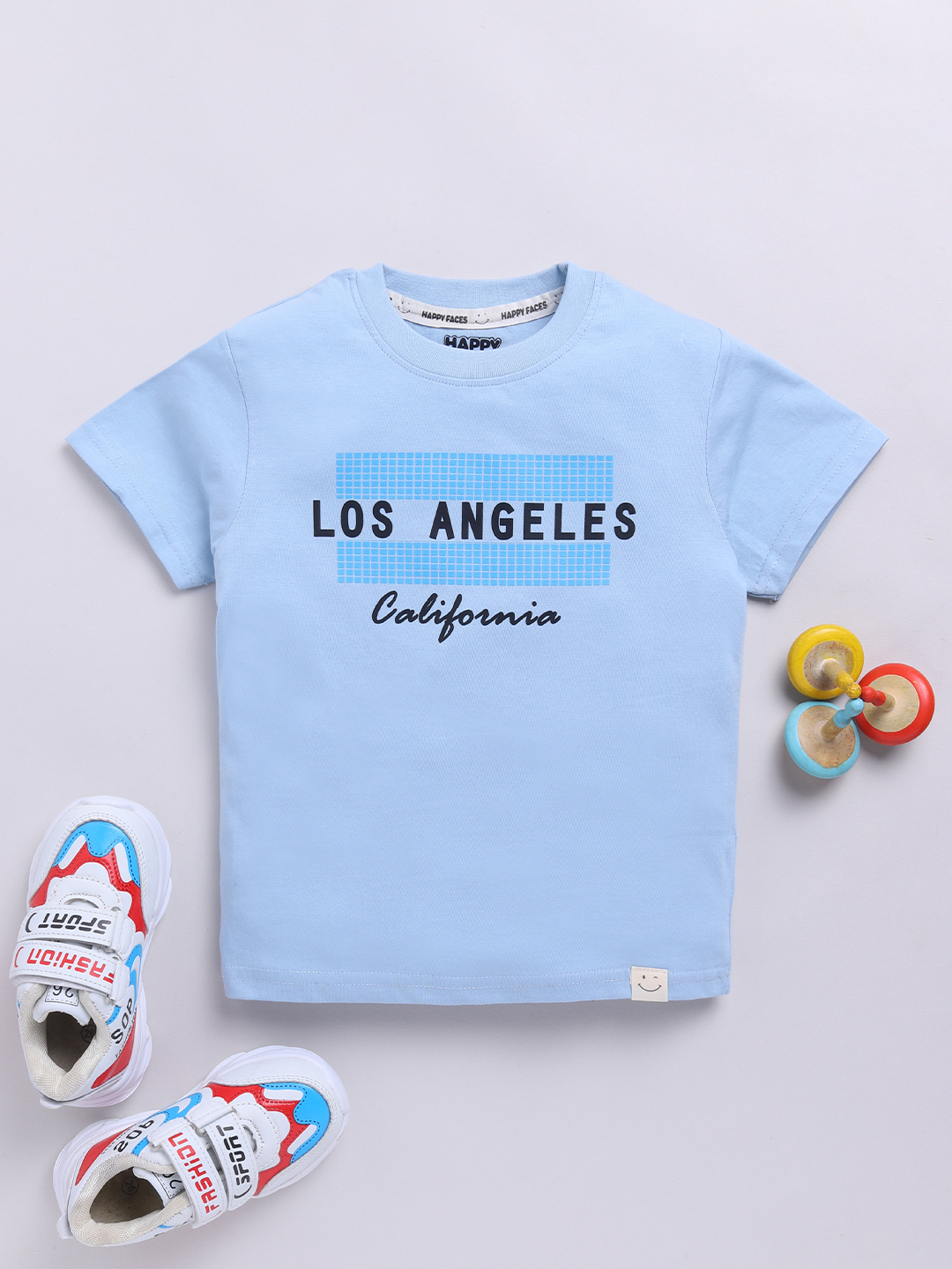 Happy Faces Solid Graphic Printed  Pure Cotton T-Shirt For Boys(Blue , Pack Of 1)