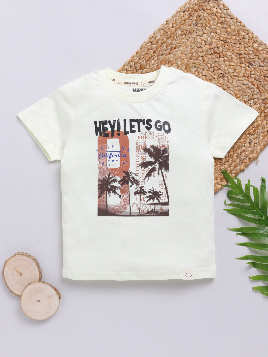 Happy Faces Solid Graphic Printed  Pure Cotton T-Shirt For Boys(Cream, Pack Of 1)