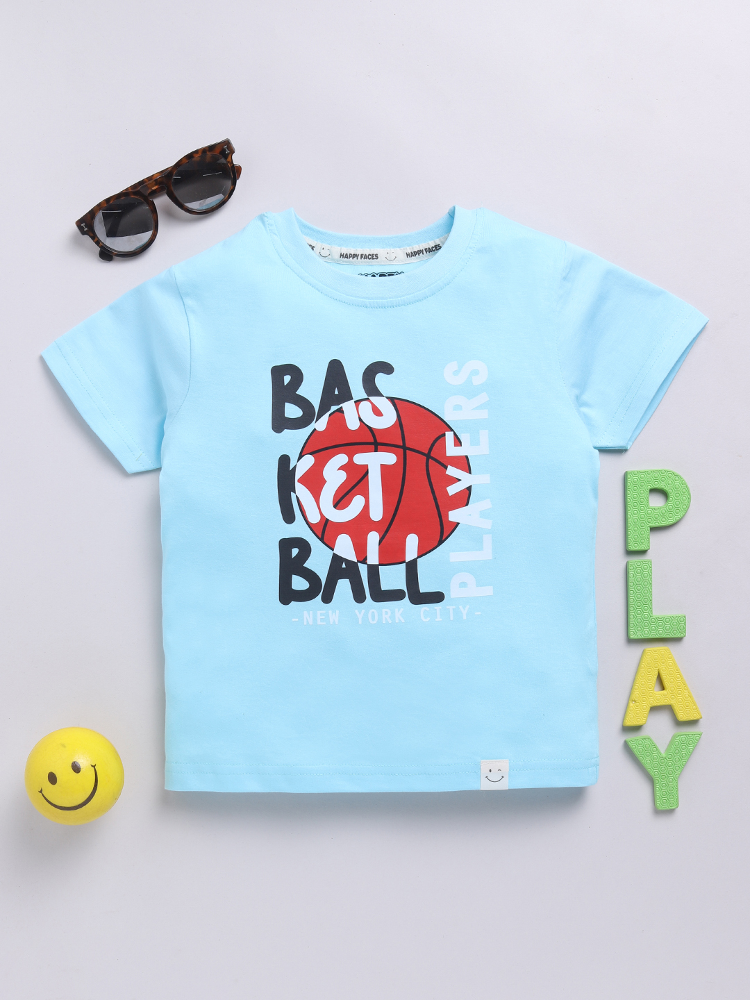 Happy Faces Solid Graphic Printed  Pure Cotton T-Shirt For Boys(Blue, Pack Of 1)