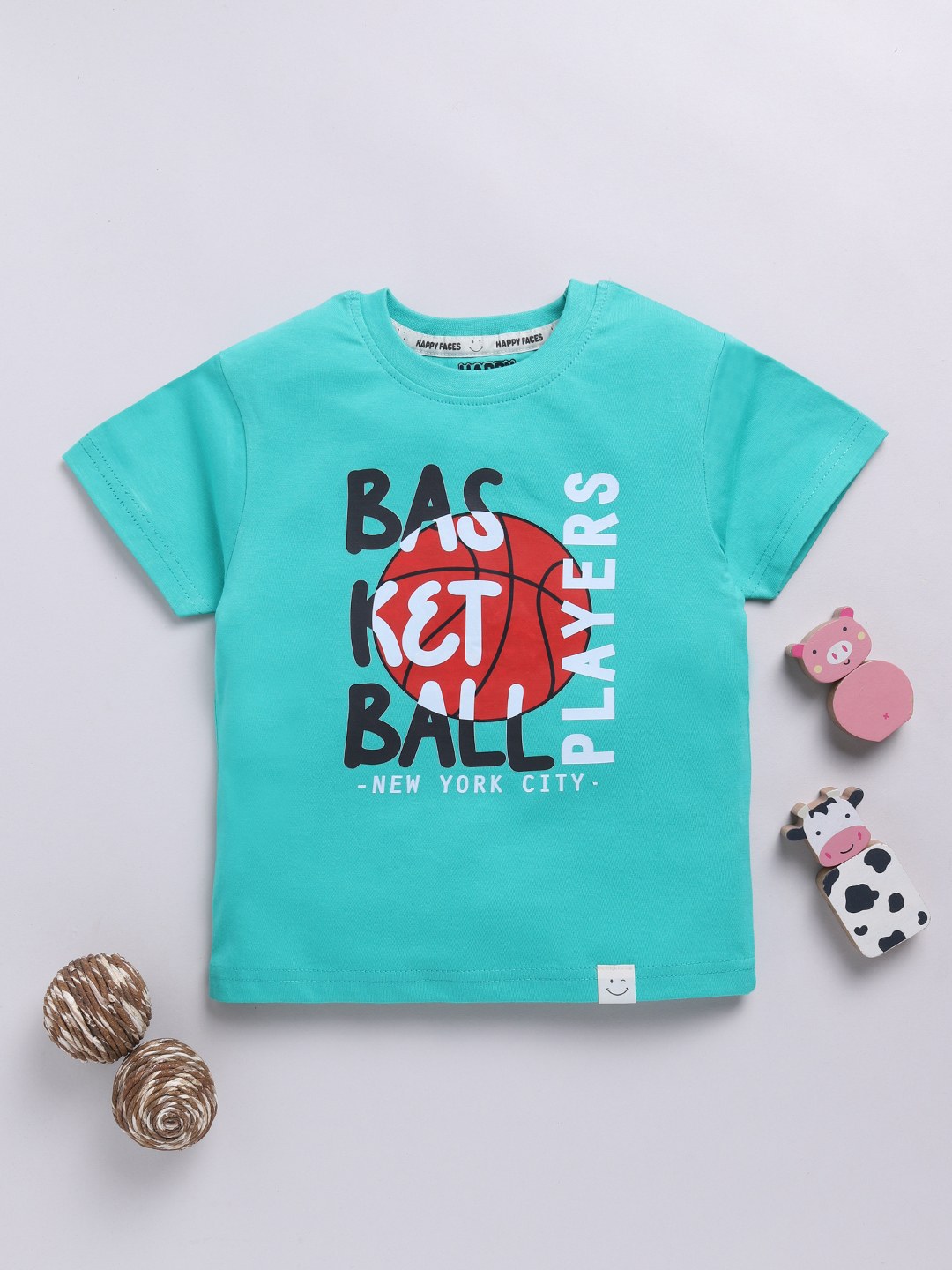 Happy Faces Solid Graphic Printed  Pure Cotton T-Shirt For Boys(Green, Pack Of 1)