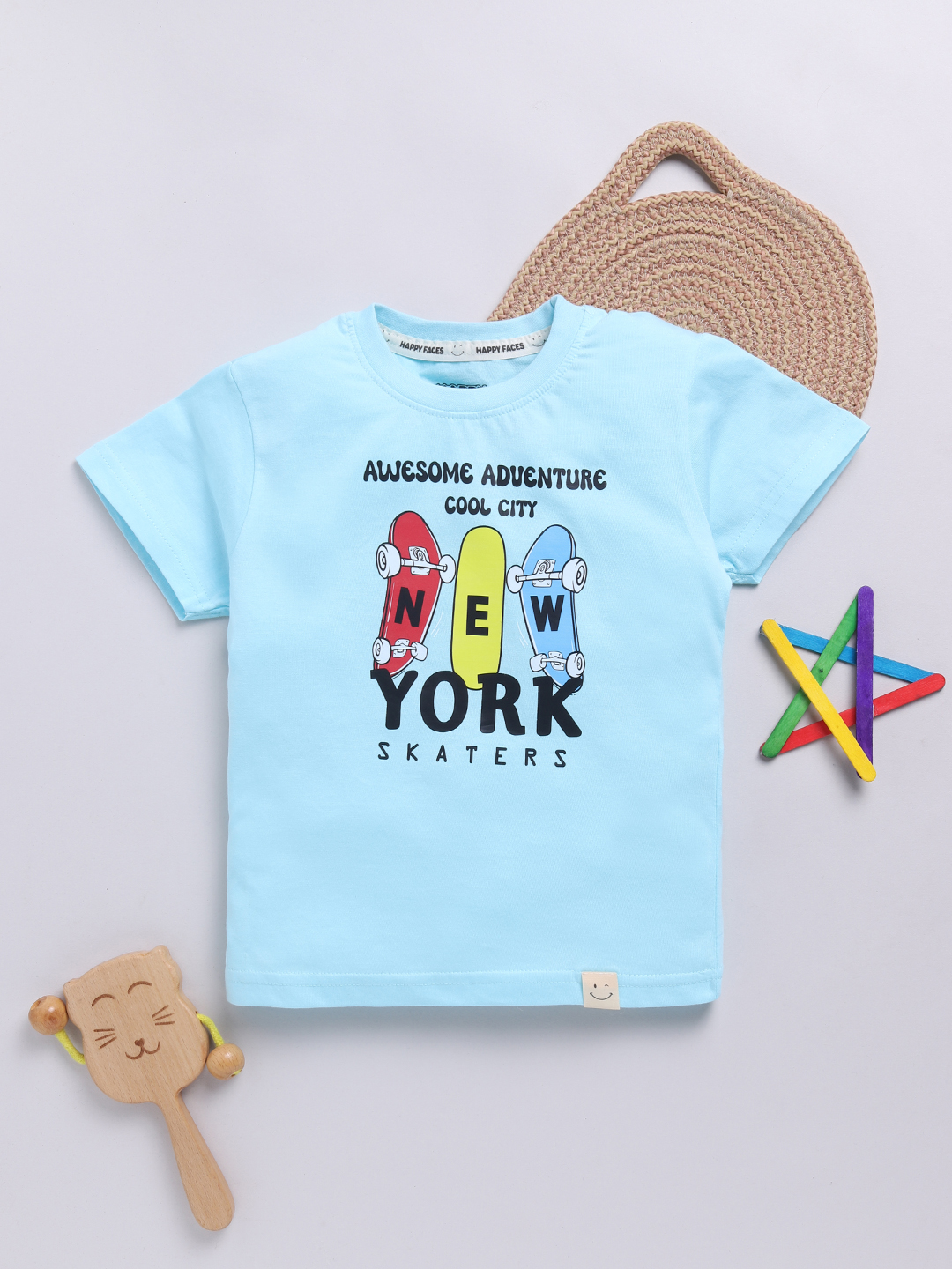 Happy Faces Solid Graphic Printed  Pure Cotton T-Shirt For Boys(Blue, Pack Of 1)
