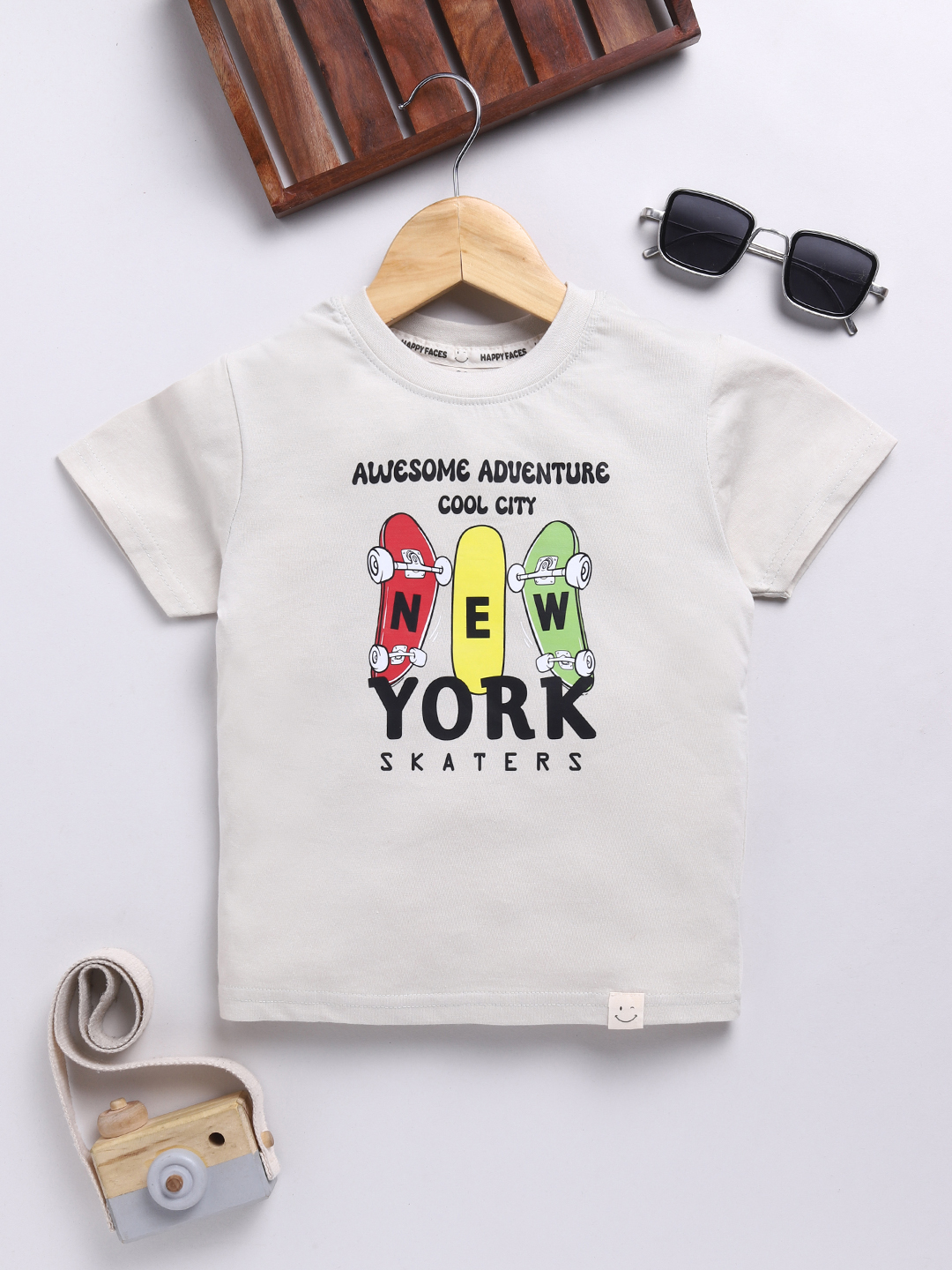 Happy Faces Solid Graphic Printed  Pure Cotton T-Shirt For Boys(Beige, Pack Of 1)