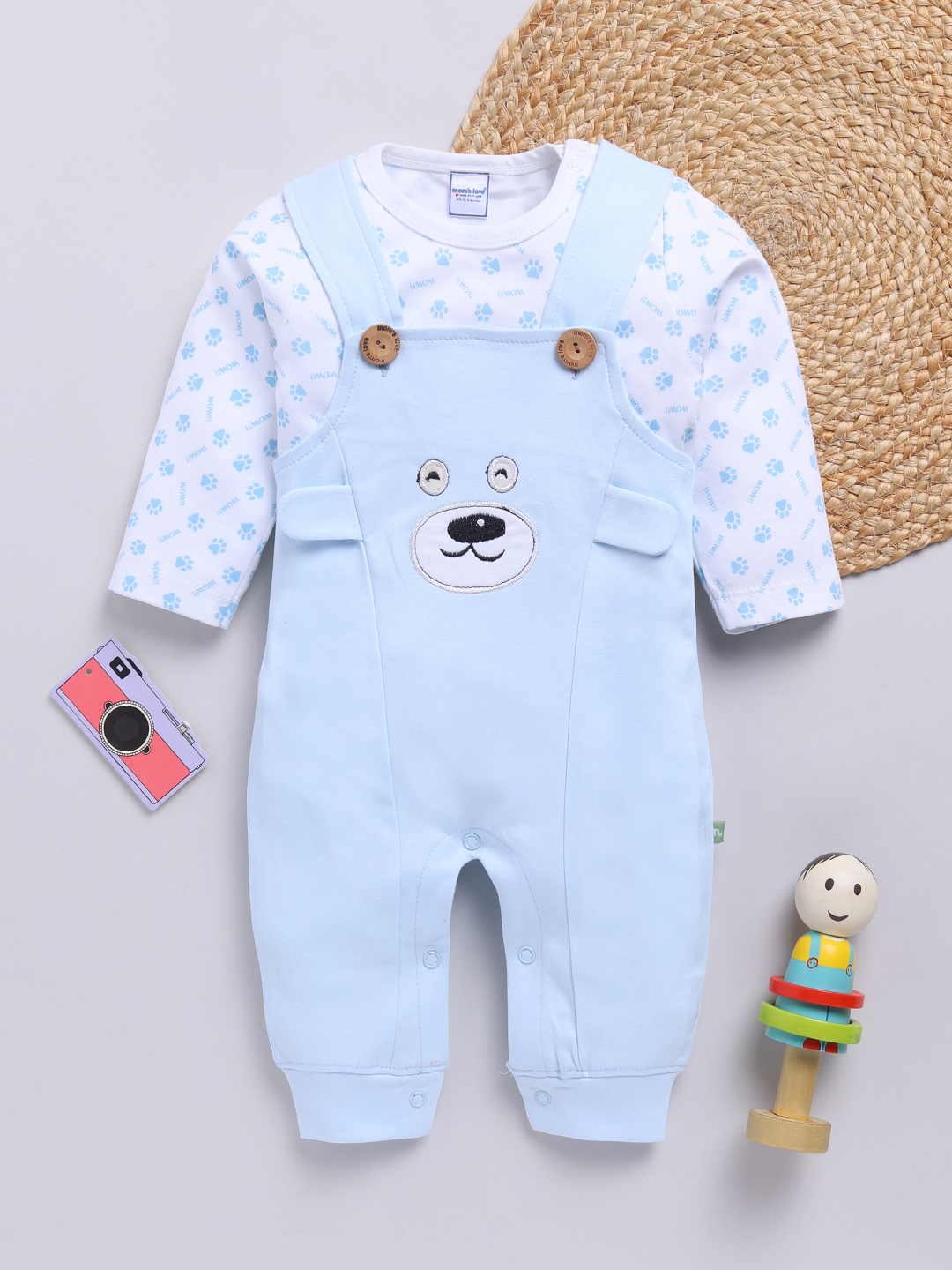 Mom’s Love Solid Printed Pure Cotton Dungaree For Infant Boys (Blue, Pack of 1)