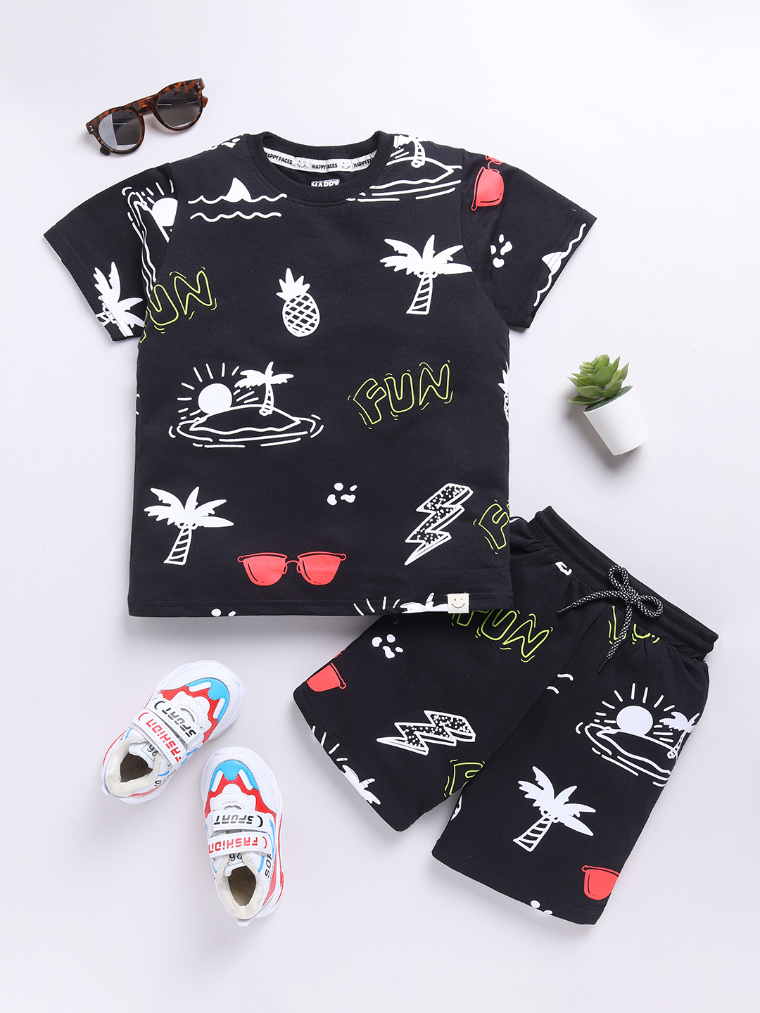 Happy Faces Graphic Printed Cotton Clothing Set for Boys(Black, Pack Of 1)