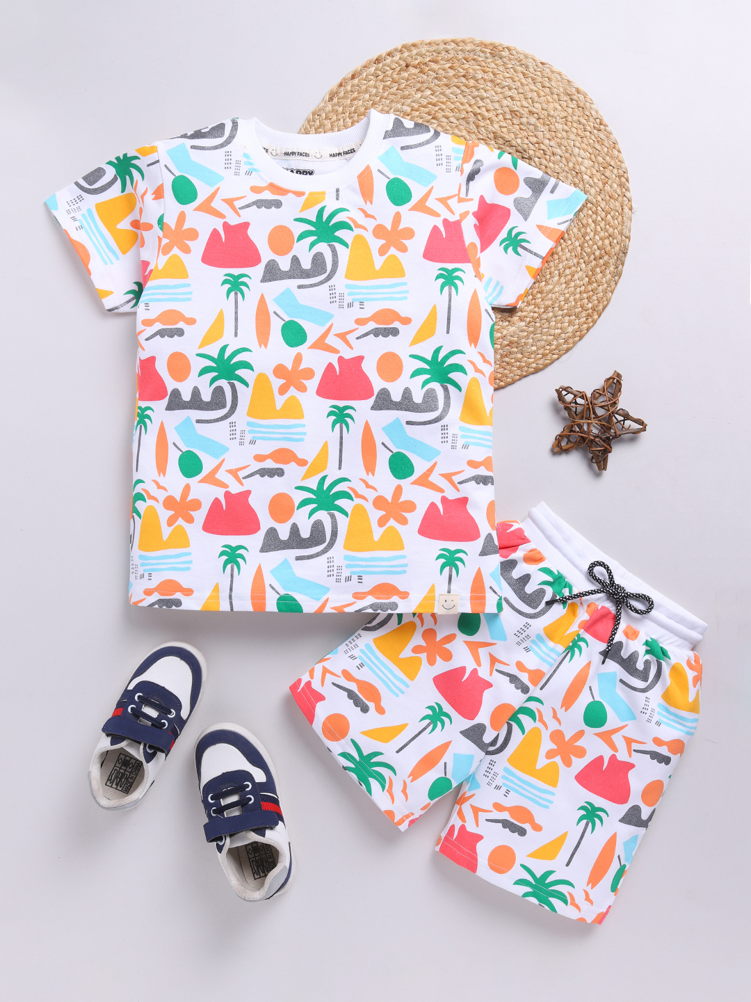 Happy Faces Graphic Printed Cotton Clothing Set for Boys(White, Pack Of 1)