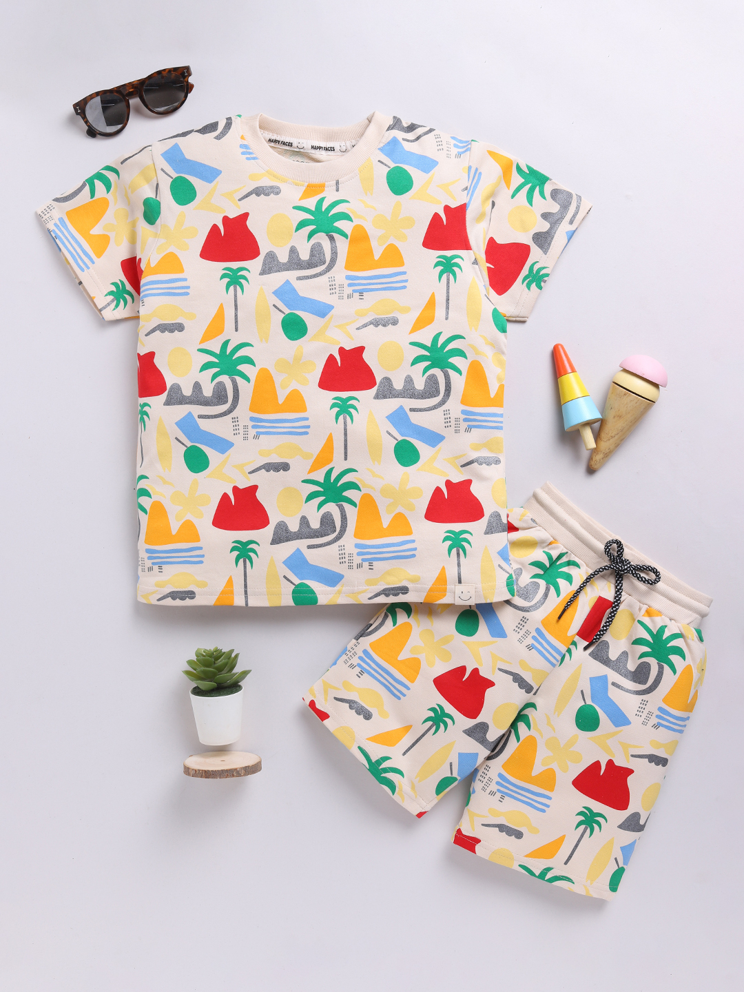 Happy Faces Graphic Printed Cotton Clothing Set for Boys(Beige, Pack Of 1)