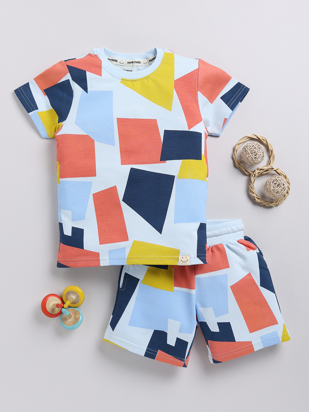 Happy Faces Graphic Printed Cotton Clothing Set for Boys(Blue, Pack Of 1)