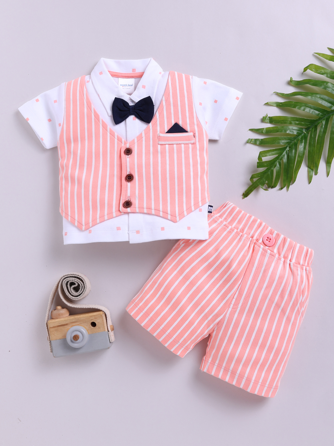 Mom’s Love Striped Printed Set And Suit Pure Cotton For Infant Boys (Peach, Pack Of 1)