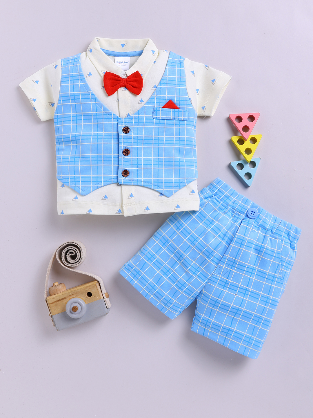 Mom’s Love Checkered Printed Set And Suit Pure Cotton For Infant Boys (Blue, Pack Of 1)