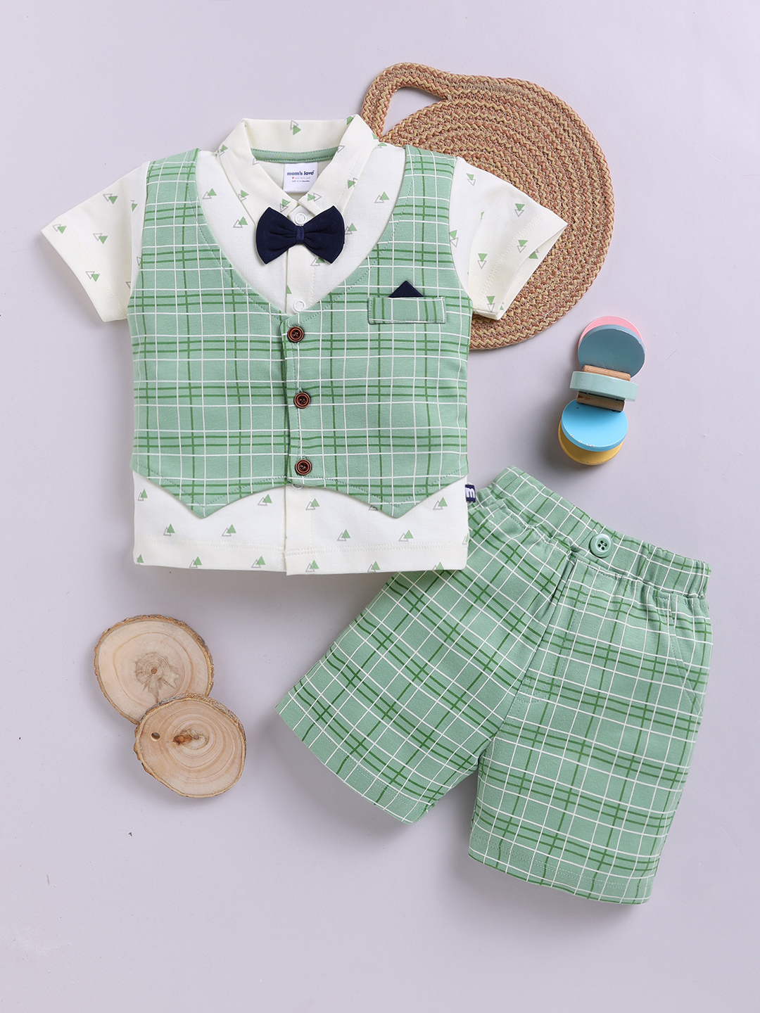 Mom’s Love Checkered Printed Set and Suit Pure Cotton For Infant boys (Green, Pack of 1)