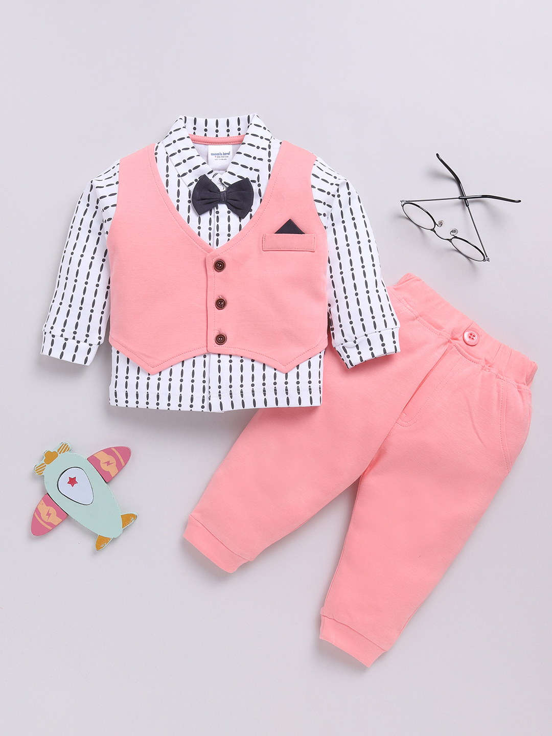 Mom’s Love Striped Printed Set And Suit Pure Cotton For Infant Boys (Peach, Pack Of 1)