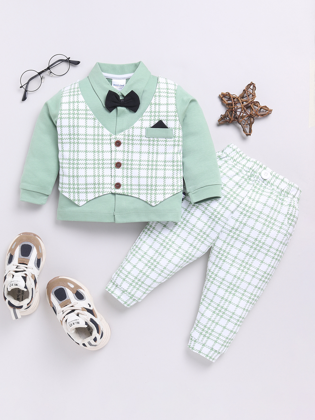 Mom’s Love Checkered Printed Set And Suit Pure Cotton For Infant Boys (Green, Pack Of 1)