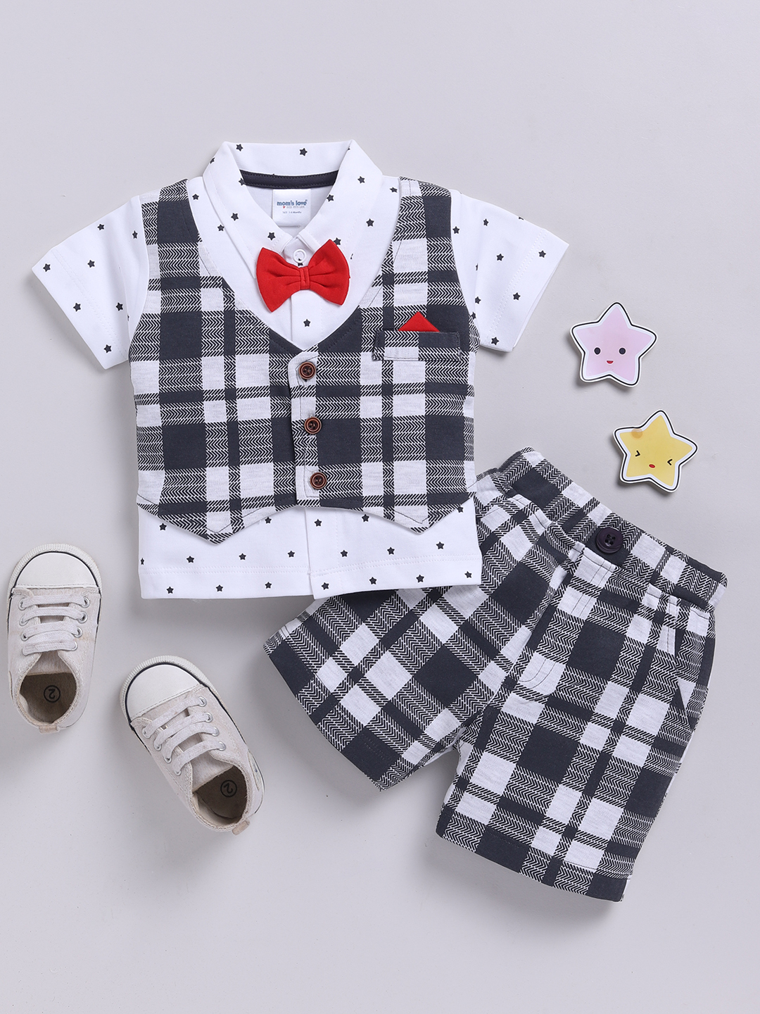 Mom’s Love Checkered Printed Set And Suit Pure Cotton For Infant Boys (Grey, Pack Of 1)
