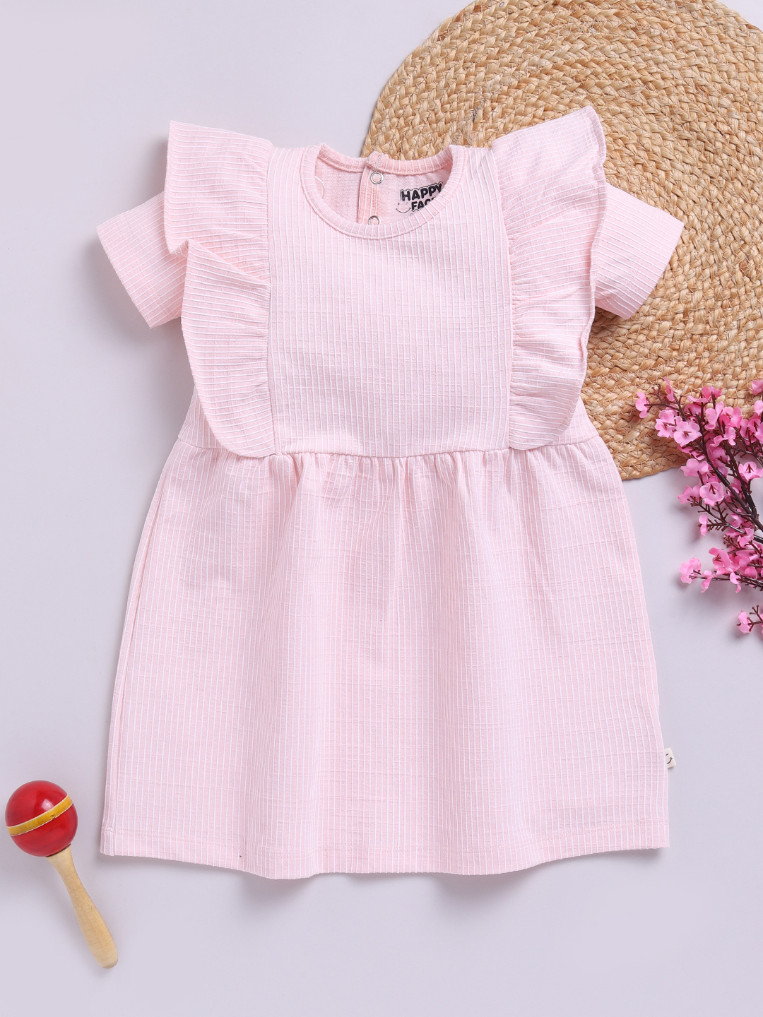 Happy Faces Solid Regular Fit and Striped Pure Cotton Frock With Frilled Sleeves For Girls(Peach , Pack Of 1)