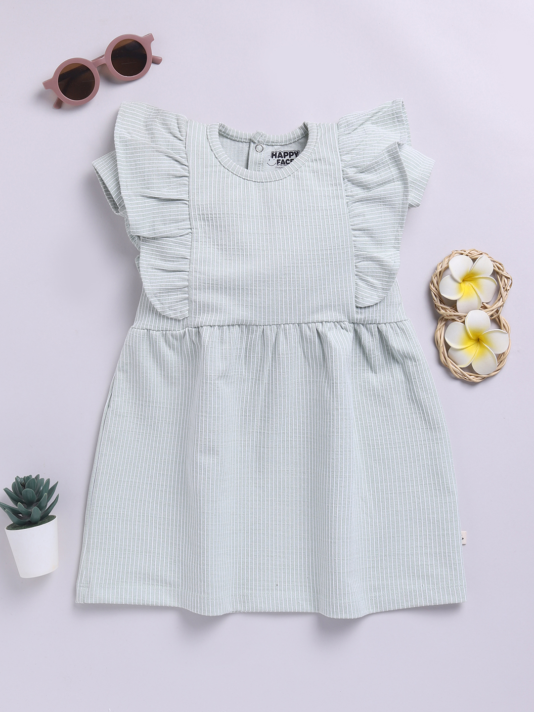 Happy Faces Solid Regular Fit and Striped Pure Cotton Frock With Frilled Sleeves For Girls(Pista Green , Pack Of 1)