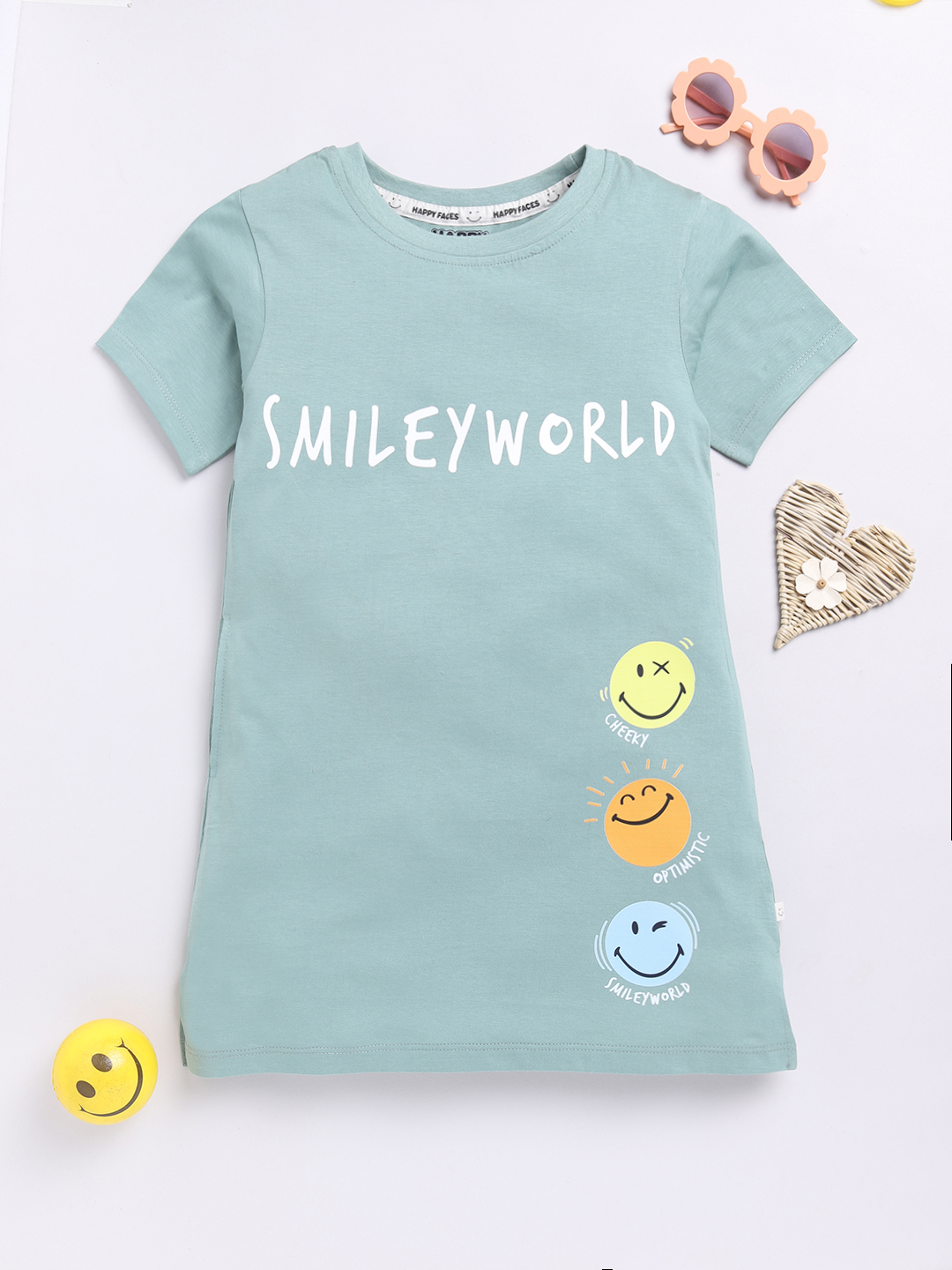 Happy Faces Smiley World Printed Cotton T-Shirt for Girls(Green, Pack Of 1)