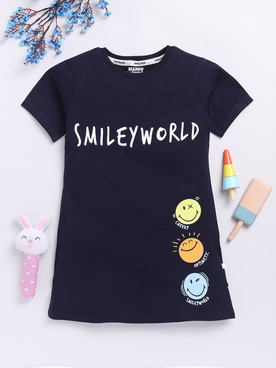 Happy Faces Smiley World Printed Cotton T-Shirt for Girls(Navy, Pack Of 1)