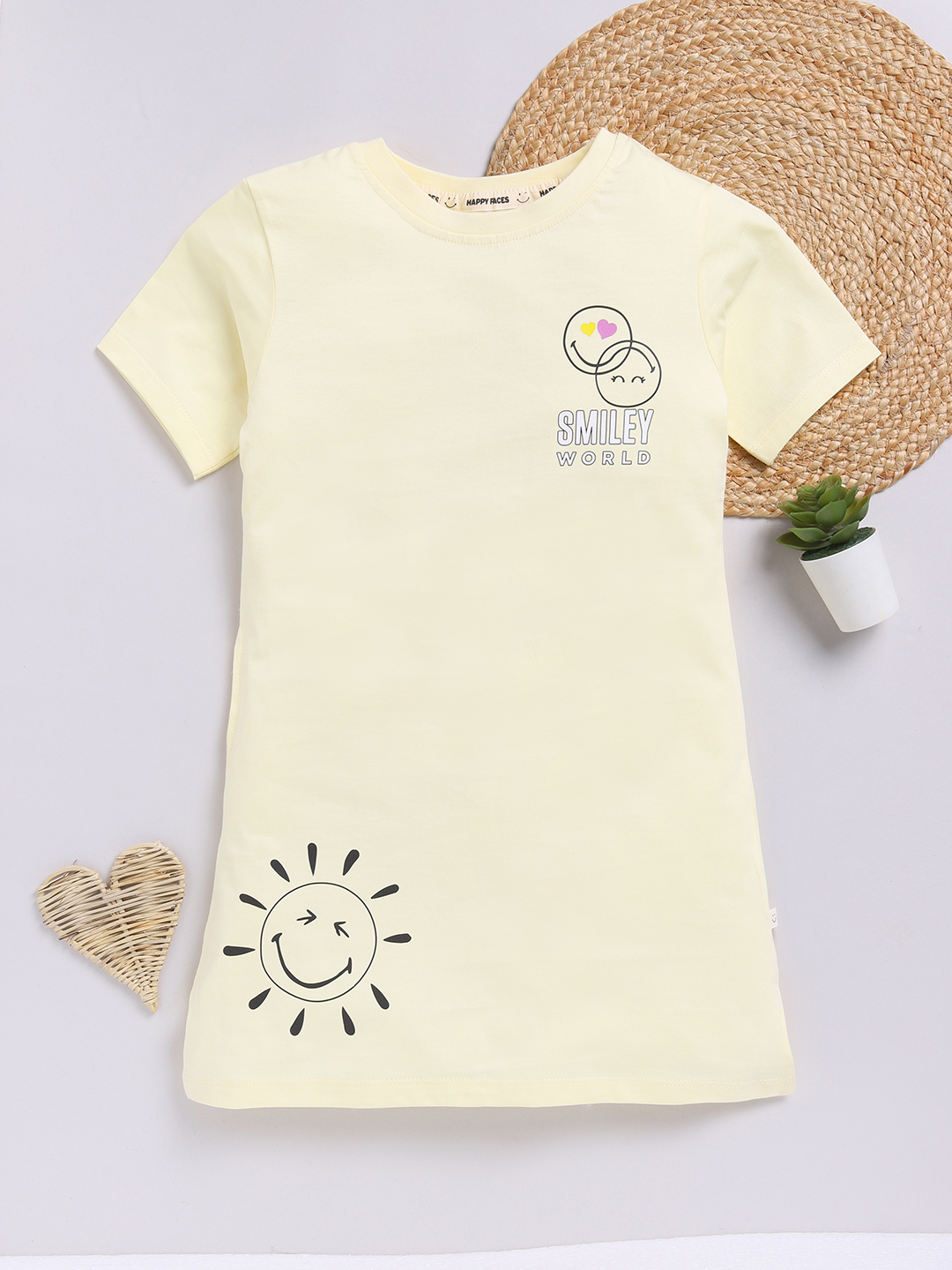 Happy Faces Smiley World Printed Cotton T-Shirt for Girls(Yellow, Pack Of 1)