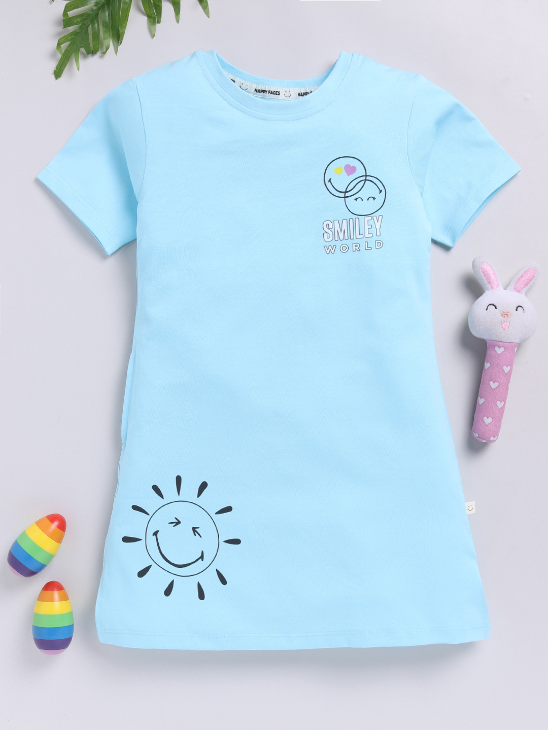 Happy Faces Smiley World Printed Cotton T-Shirt for Girls(Blue, Pack Of 1)
