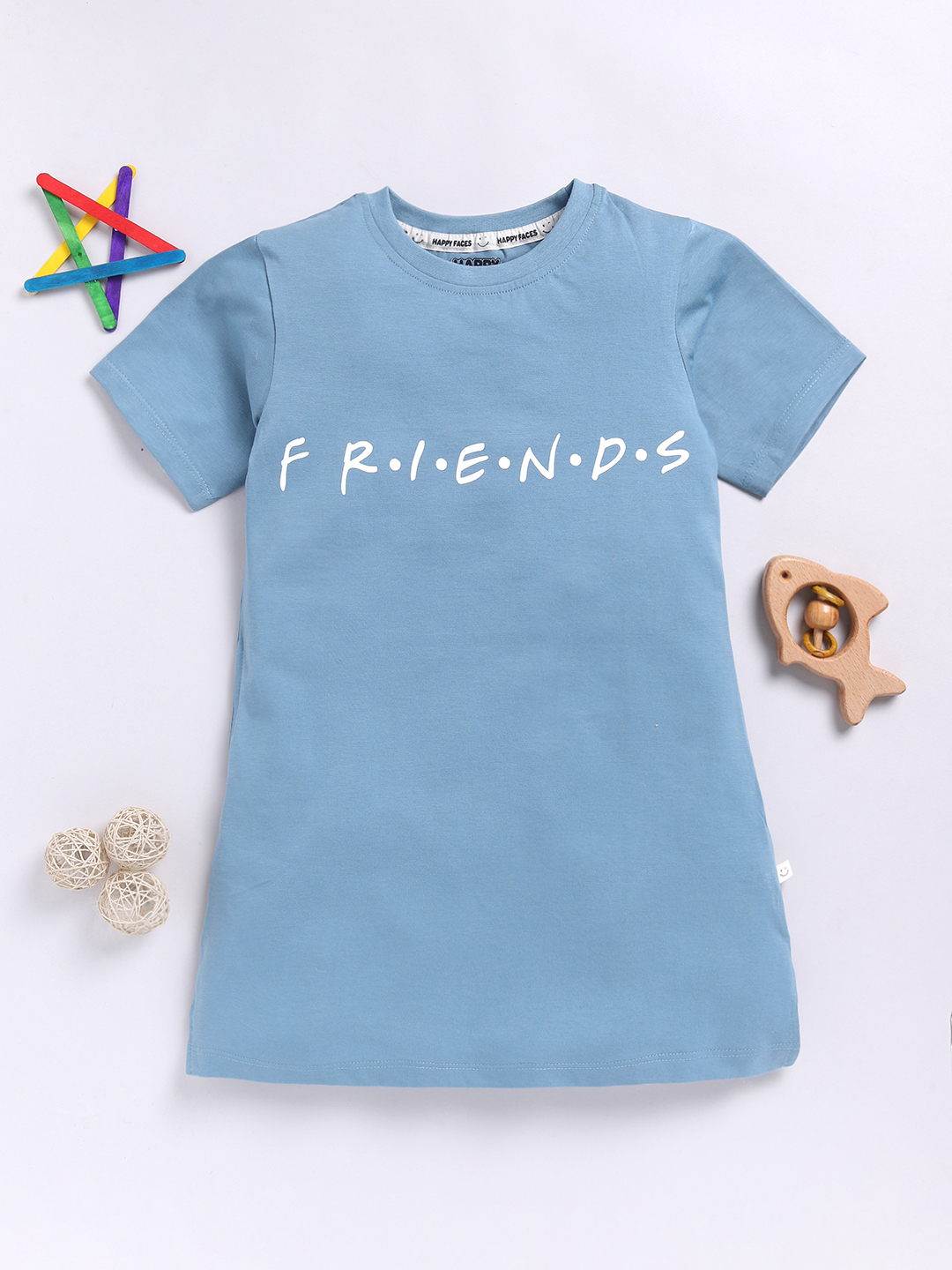 Happy Faces Friends Printed Cotton T-Shirt for Girls(Blue, Pack Of 1)