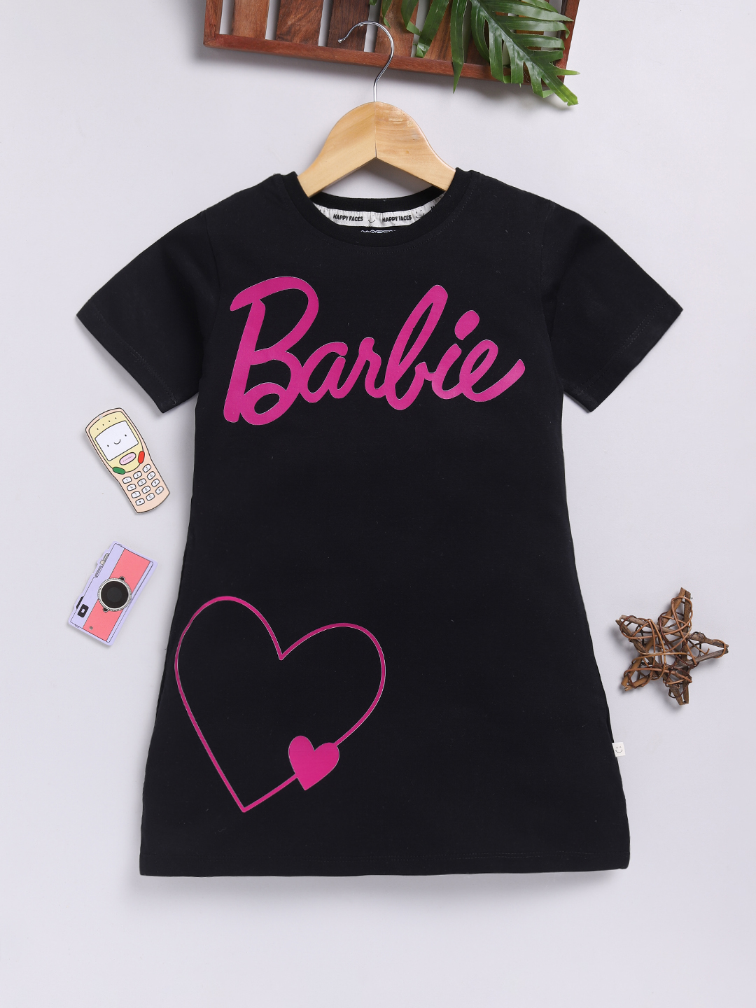 Happy Faces Barbie Printed Cotton T-Shirt for Girls(Black, Pack Of 1)
