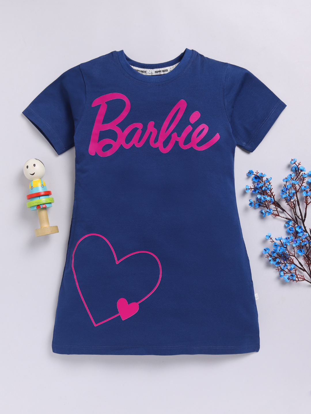 Happy Faces Barbie Printed Cotton T-Shirt for Girls(Indigo, Pack Of 1)