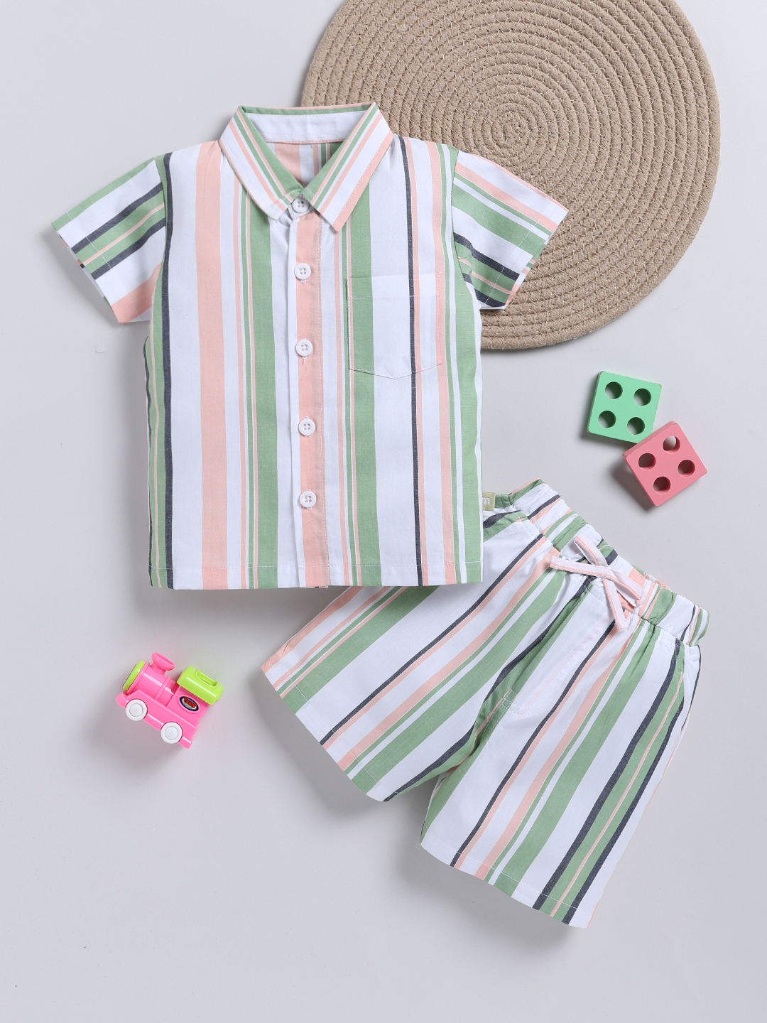 Mom’s Love Striped Printed Shirt With Shorts Pure Cotton For Infant Boys(Green, Pack Of 1)