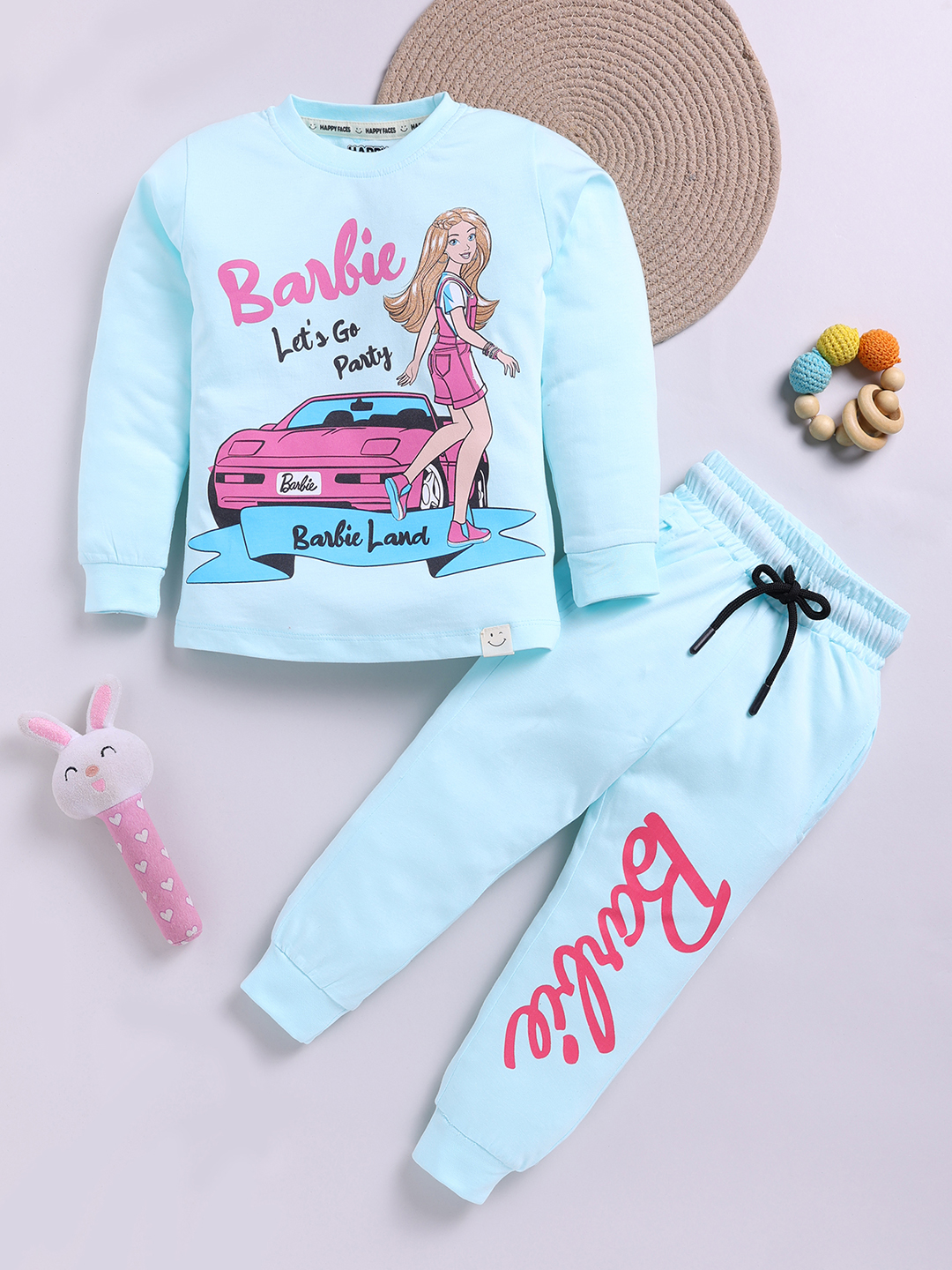 Happy Faces Barbie Printed  Pure Cotton Clothing Set For Girls (Green, Pack Of 1)