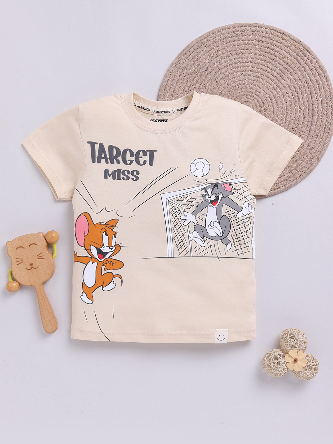 Happy Faces Tom and Jerry  Pure Cotton Printed T-Shirt For Boys (Beige, Pack Of 1)
