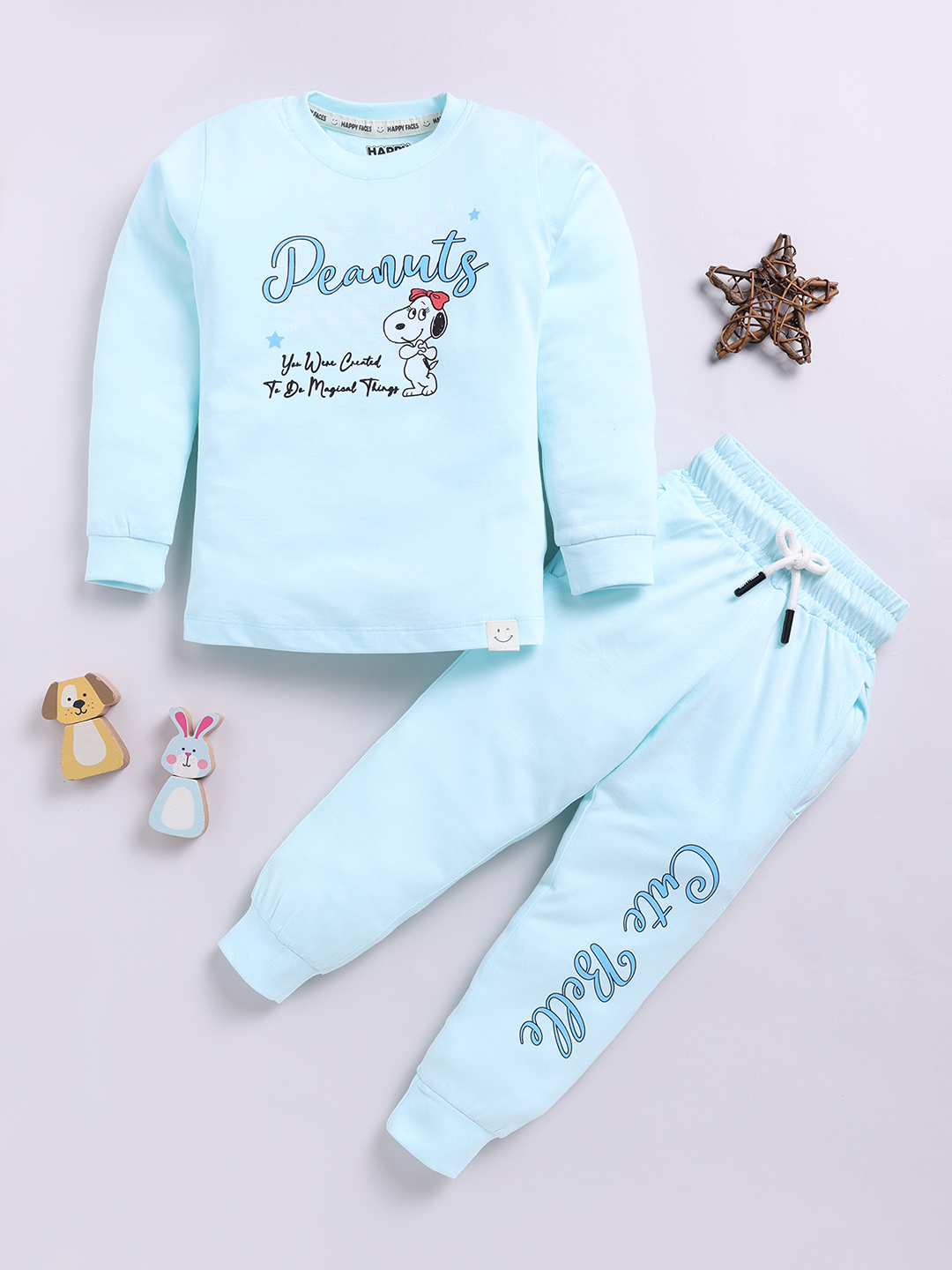 Happy Faces Peanuts Printed  Pure Cotton Clothing Set For Girls (Green, Pack Of 1)