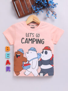 Happy Faces We Bare Bears Printed  Pure Cotton T-Shirt For Boys (Peach, Pack Of 1)