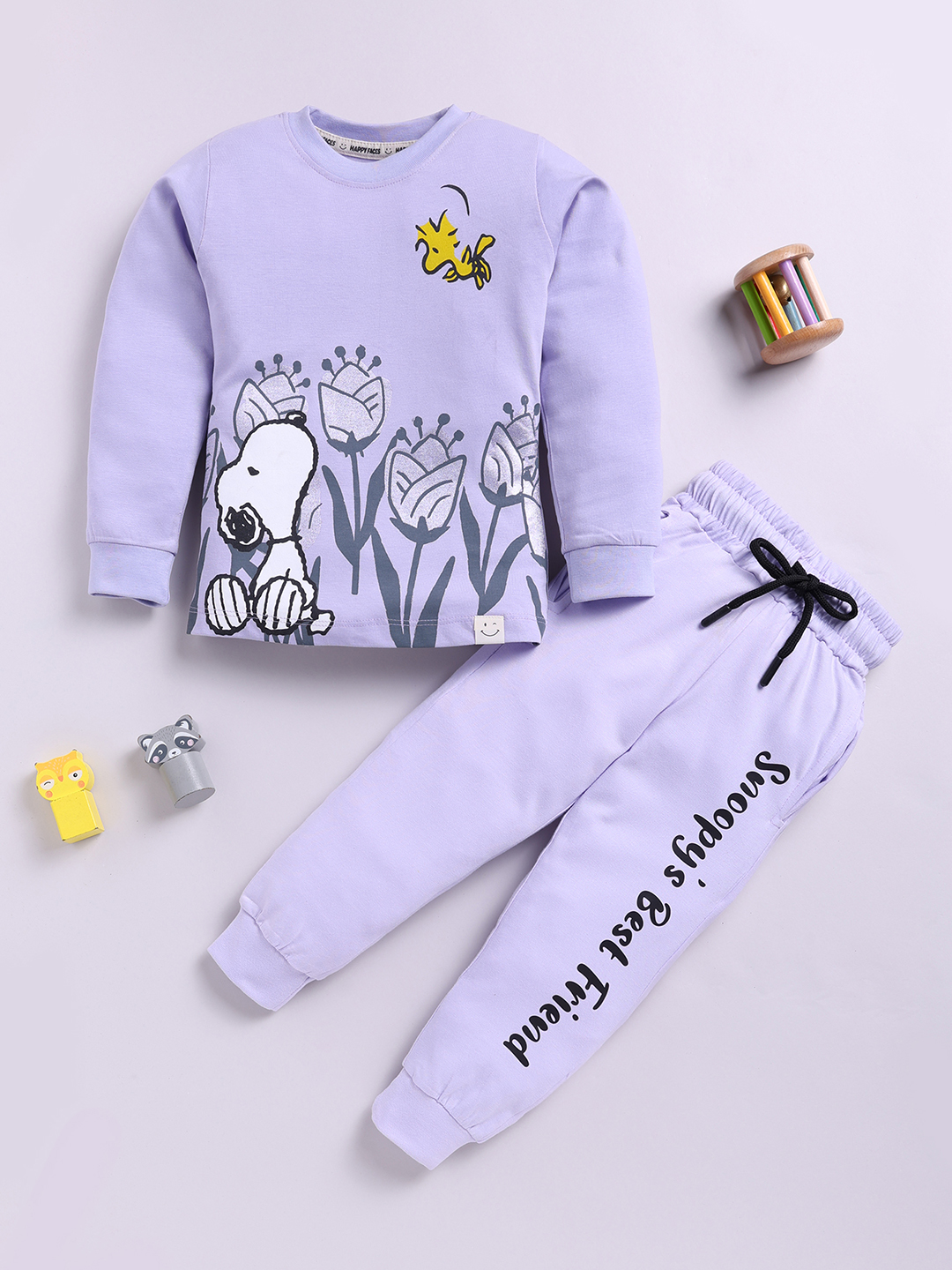 Happy Faces Peanuts Printed  Pure Cotton Clothing Set For Girls (Mauve, Pack Of 1)