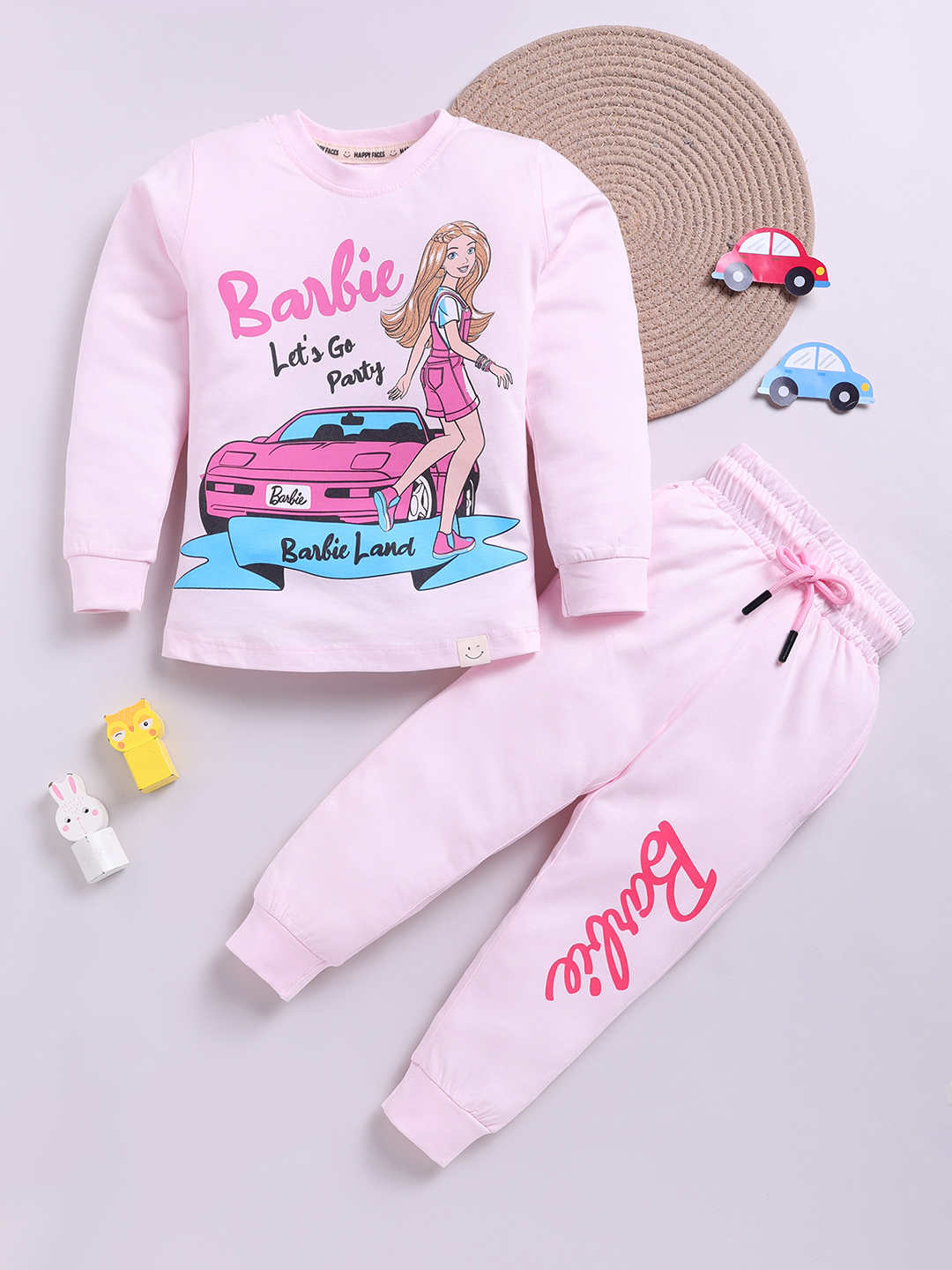 Happy Faces Barbie Printed  Pure Cotton Clothing Set For Girls (Pink, Pack Of 1)