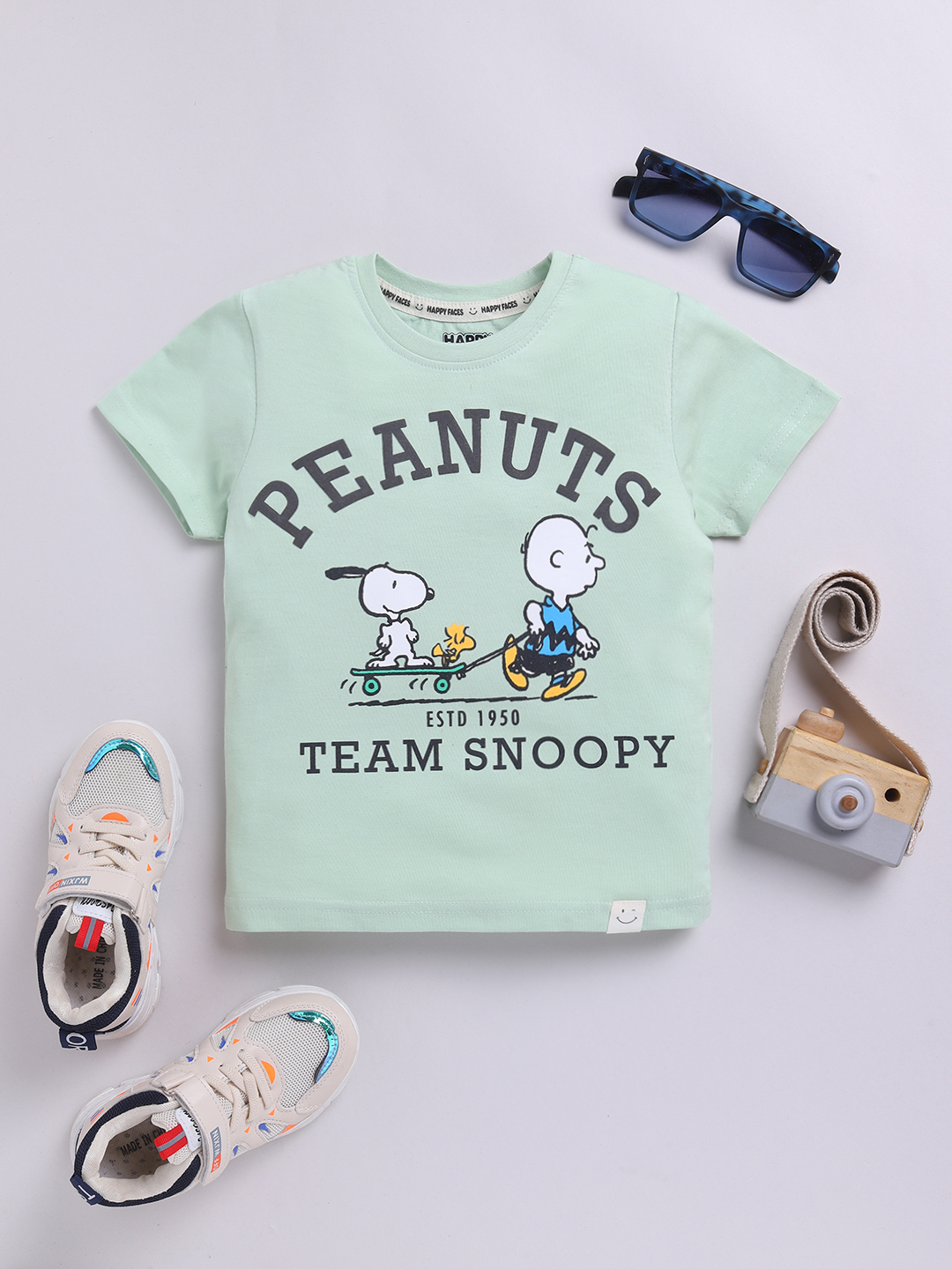 Happy Faces Peanuts Printed  Pure Cotton T-Shirt For Boys (Green, Pack Of 1)