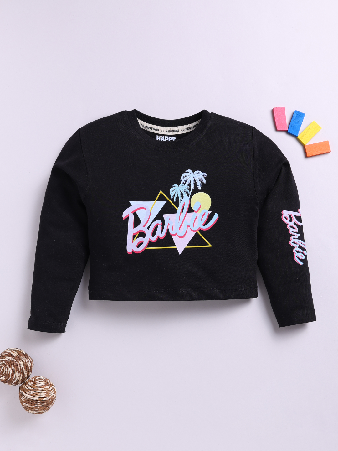 Happy Faces Barbie Printed  Pure Cotton T-shirt For Girls (Black, Pack Of 1)