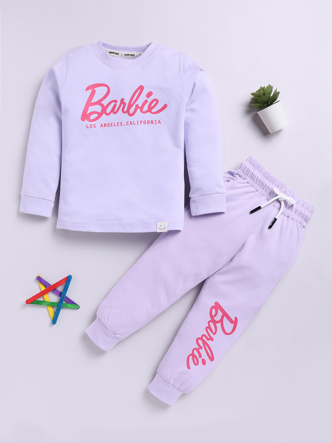 Happy Faces Barbie Printed  Pure Cotton Clothing Set For Girls (Mauve, Pack Of 1)