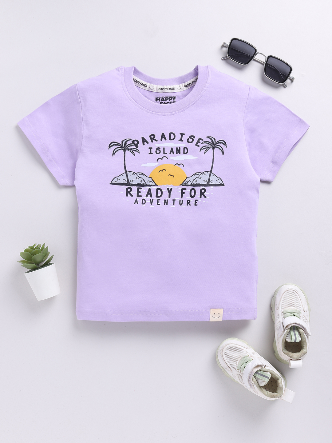 Happy Faces Solid Graphic Printed  Pure Cotton T-Shirt For Boys(Mauve , Pack Of 1)
