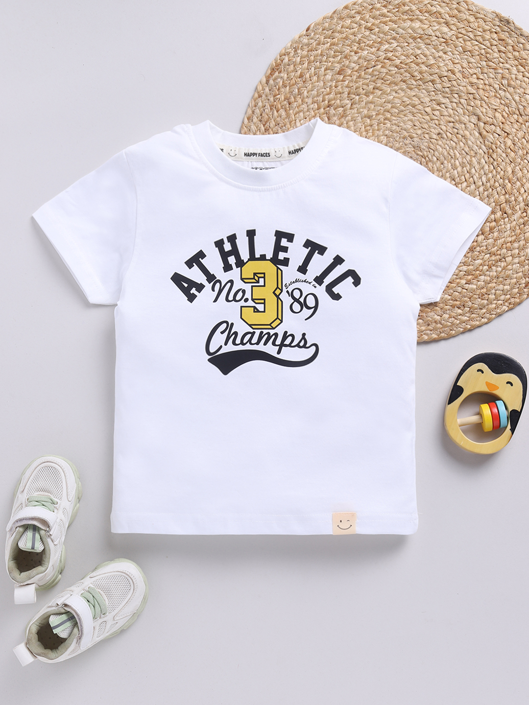 Happy Faces Solid Graphic Printed  Pure Cotton T-Shirt For Boys(White , Pack Of 1)