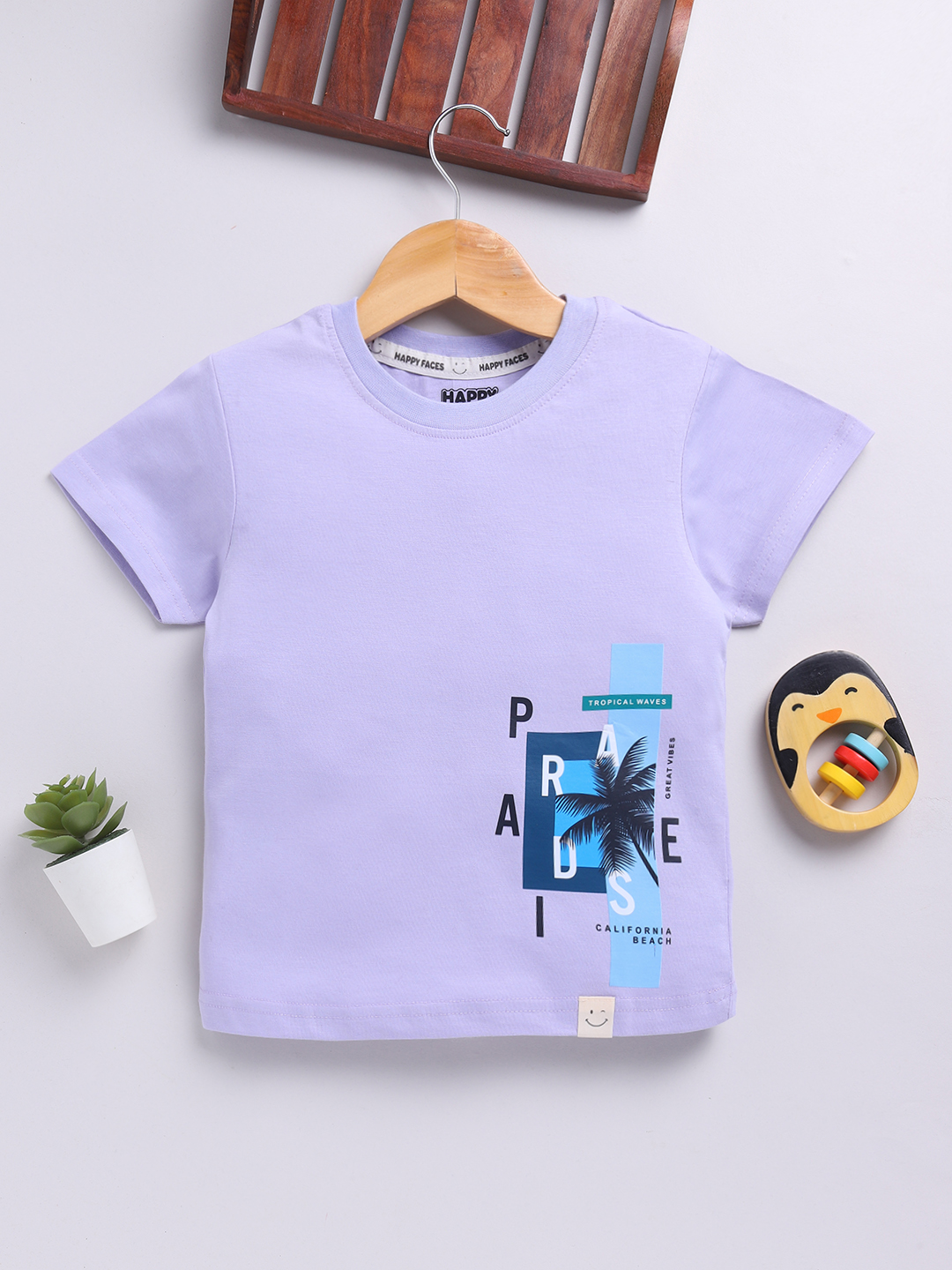 Happy Faces Solid Graphic Printed  Pure Cotton T-Shirt For Boys(Mauve , Pack Of 1)