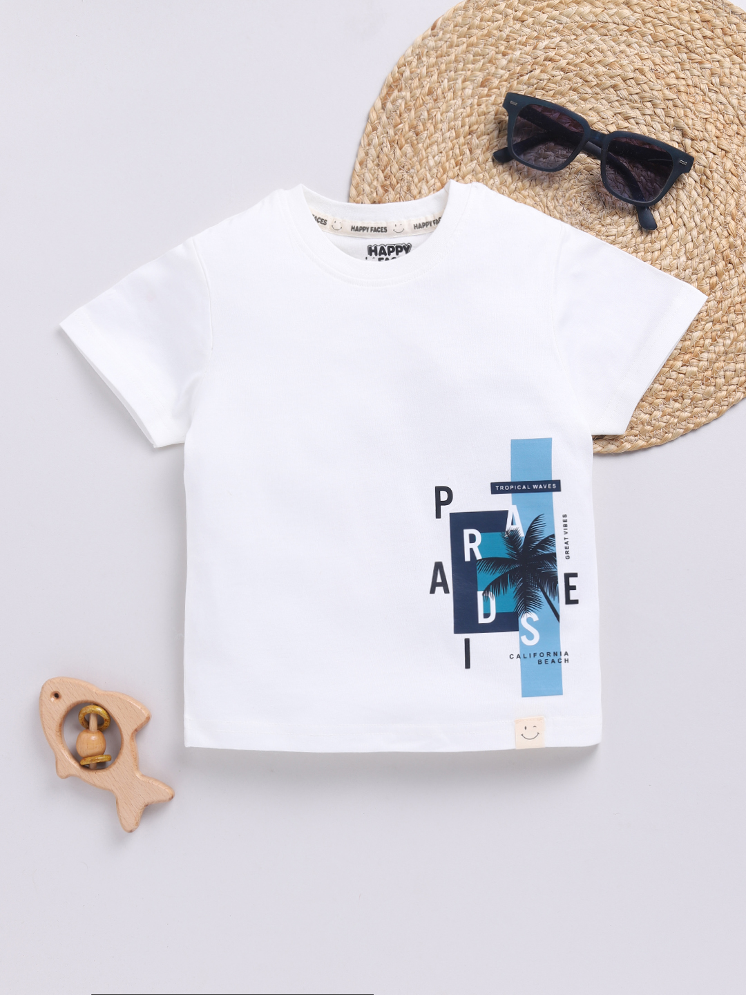 Happy Faces Solid Graphic Printed  Pure Cotton T-Shirt For Boys(Off White , Pack Of 1)