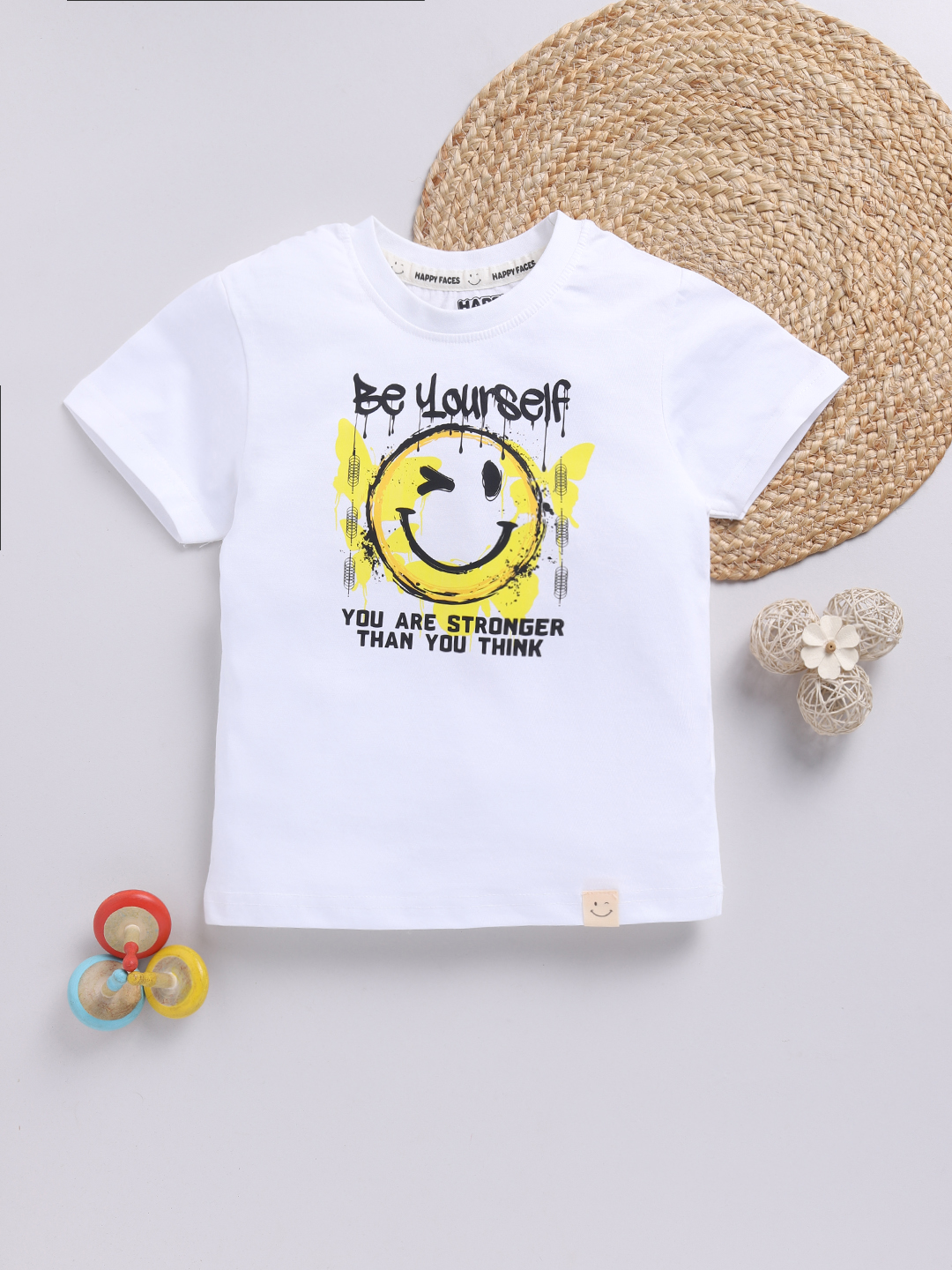 Happy Faces Smiley World Printed  Pure Cotton T-Shirt For Boys(White , Pack Of 1)