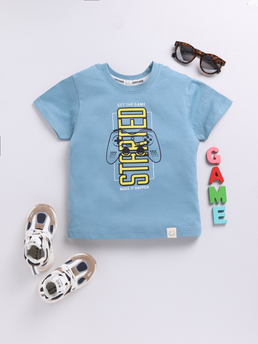 Happy Faces Solid Graphic Printed  Pure Cotton T-Shirt For Boys(Blue , Pack Of 1)