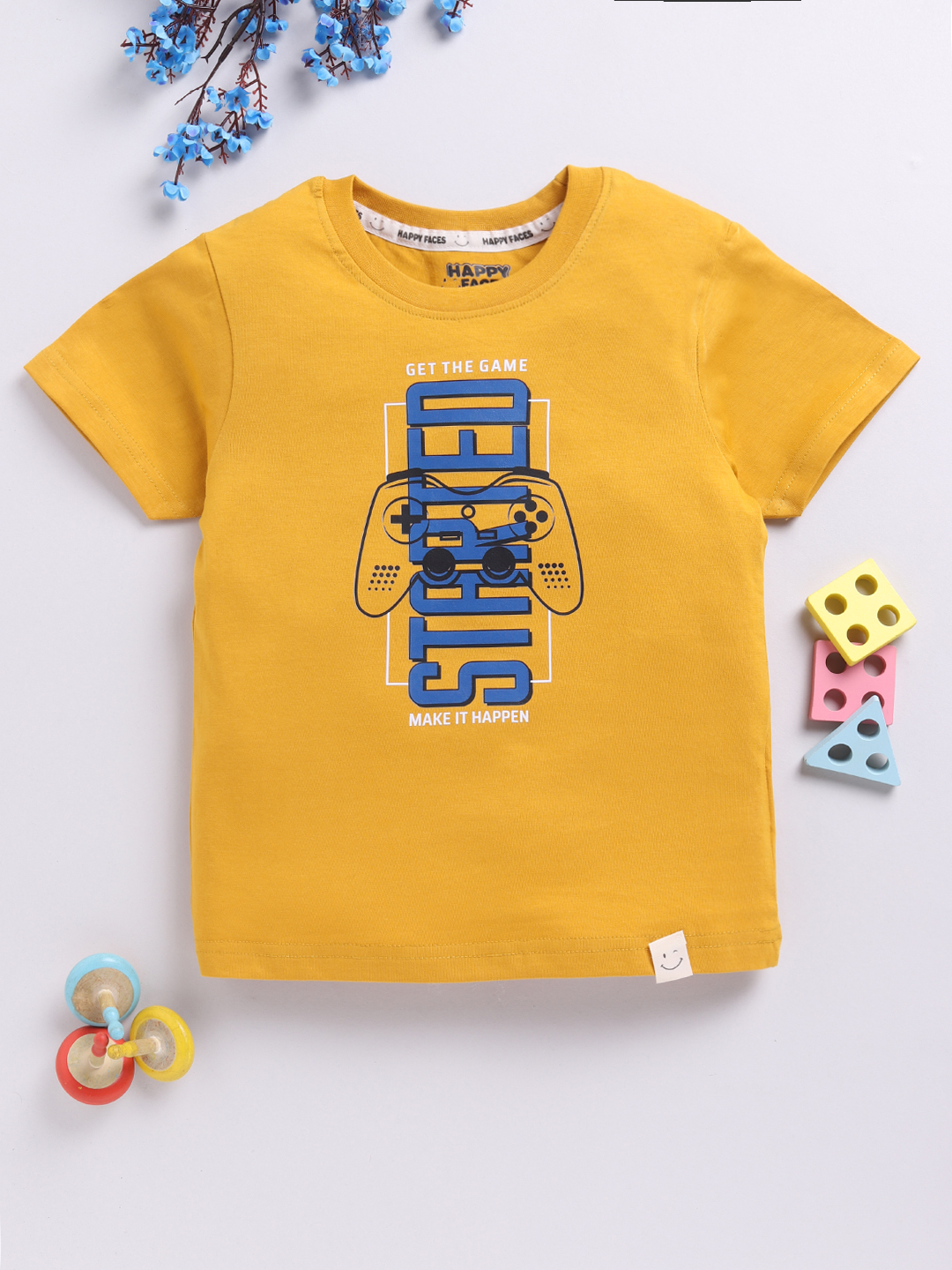 Happy Faces Solid Graphic Printed  Pure Cotton T-Shirt For Boys(Mustard , Pack Of 1)
