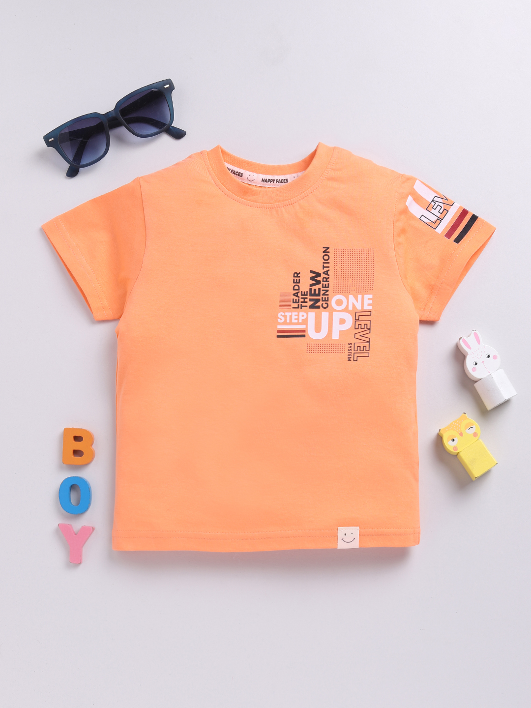 Happy Faces Solid Graphic Printed  Pure Cotton T-Shirt For Boys(Orange , Pack Of 1)