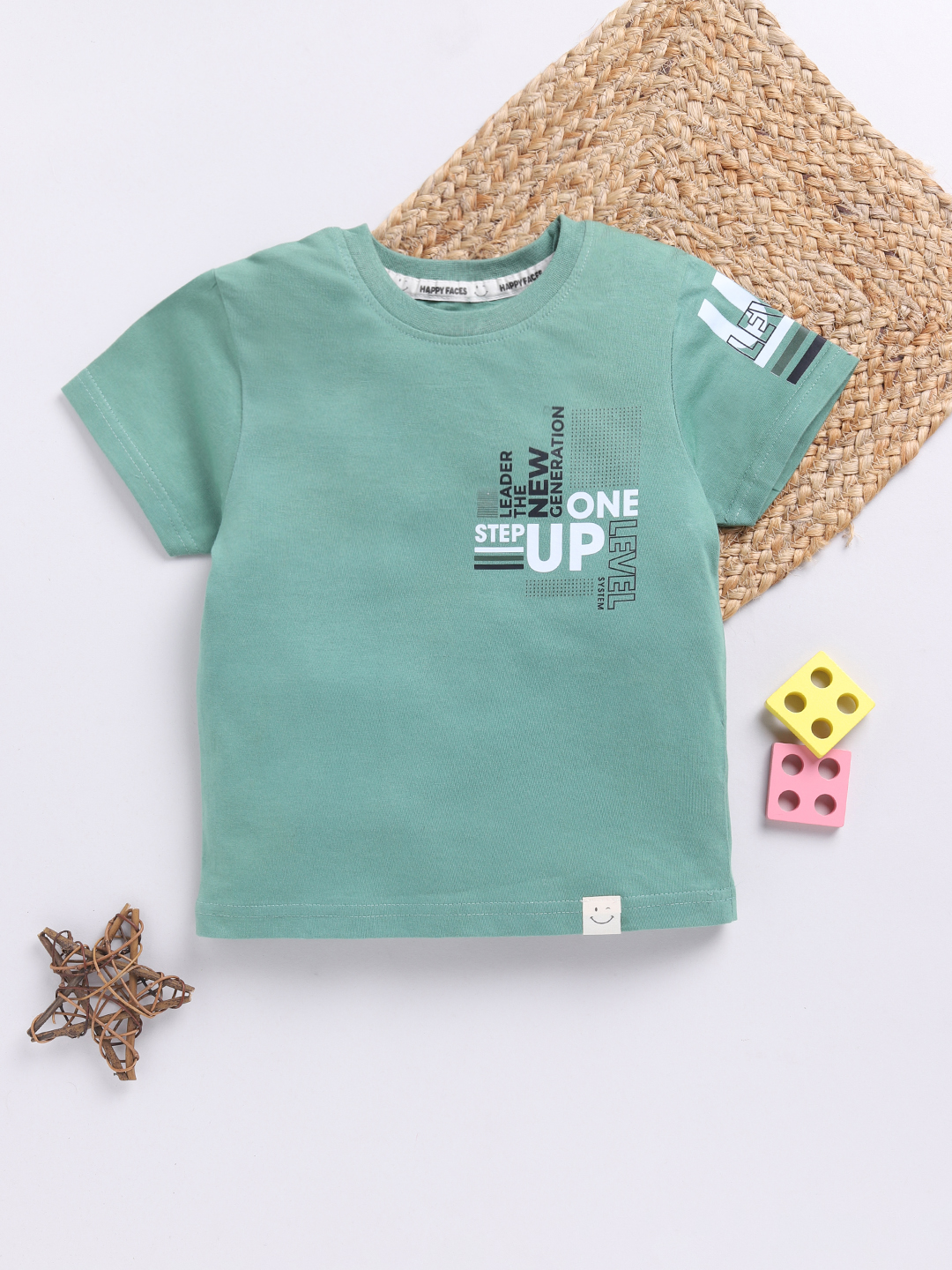 Happy Faces Solid Graphic Printed  Pure Cotton T-Shirt For Boys(Green , Pack Of 1)