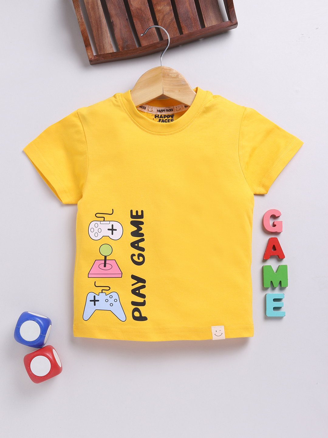 Happy Faces Solid Graphic Printed  Pure Cotton T-Shirt For Boys(Yellow , Pack Of 1)