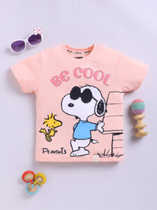Happy Faces Peanuts Printed  Pure Cotton T-Shirt For Boys (Peach, Pack Of 1)